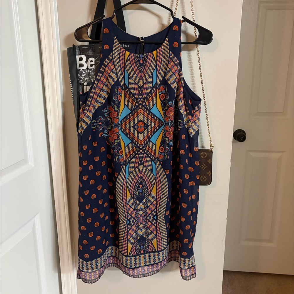 A. Byer Navy Dress with Mustard and Multicolor Print